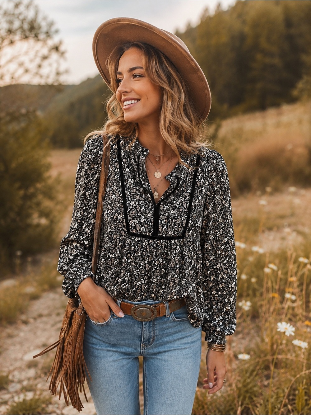 Lucky Brand Black Floral Peasant Top